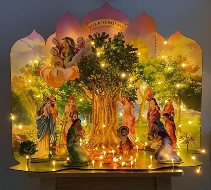 Cách trang trí lễ đài, xe hoa Phật Đản ý nghĩa với mô hình Vườn Lâm Tỳ Ni đẹp lung linh
